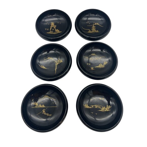 Aizu Other - Set of 6 Aizu Black Lacquer Bowls Japan Gold Landscape Mt Fuji Vintage